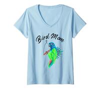 Donna Blu Testa Pionus Pappagallo Uccello Mamma Acquerello Maglietta con Collo a V