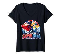 Donna Blue English Super Mum - Camicia da Supereroe e Scritta Inglese Maglietta con Collo a V