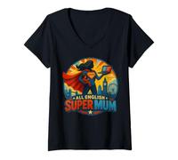 Donna Blue English Super Mum - Camicia da Supereroe e Scritta Inglese Maglietta con Collo a V