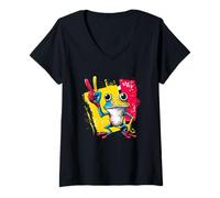 Donna Blue Frog Segno Pace retrò Pop Carattere Grafico Gesto Maglietta con Collo a V
