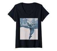 Donna Blue Giant Whale Superfici Sotto Una Barca A Vela E Cielo Nuvoloso Maglietta con Collo a V
