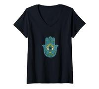 Donna Blue Hamsa Mano di Protezione Spirituale Buona Fortuna Maglietta con Collo a V