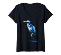 Donna Blue Heron Acquerello Bird Watching Birdwatcher Maglietta con Collo a V
