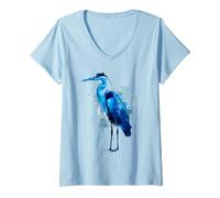 Donna Blue Heron Acquerello Bird Watching Birdwatcher Maglietta con Collo a V