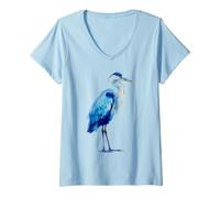 Donna Blue Heron Acquerello Bird Watching Maglietta con Collo a V