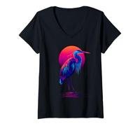 Donna Blue Heron Retro Wave Birdwatcher Maglietta con Collo a V