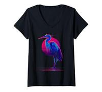 Donna Blue Heron Retro Wave Birdwatcher Maglietta con Collo a V