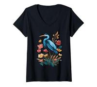 Donna Blue Heron Wildflower Bird Watching Floreale Maglietta con Collo a V