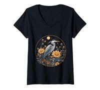 Donna Blue Heron Wildflower Bird Watching Floreale Maglietta con Collo a V