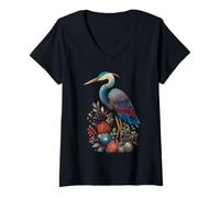 Donna Blue Heron Wildflower Bird Watching Floreale Maglietta con Collo a V