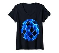 Donna Blue Polygonal Soccer Ball Design Maglietta con Collo a V
