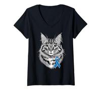Donna Blue Ribbon supporta il gatto per la sensibilizzazione sul diabete Maglietta con Collo a V