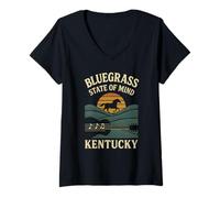 Donna Bluegrass State Kentucky Camicia Cavallo Musica Tramonto Grafica Maglietta con Collo a V