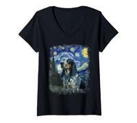 Donna Bluetick Coonhound in Starry Night Style Pittura Van Gogh Maglietta con Collo a V