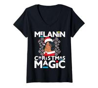 Donna Bob Nero Mrs Claus Melanin Christmas Magic Curly Side Part Bob Maglietta con Collo a V