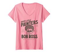 Donna Bob Ross Happy Little Painters Club Maglietta con Collo a V