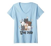 Donna Boba Tea | Amici Gatti Coreani Kawaii Maglietta con Collo a V