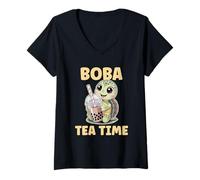 Donna Boba Tea Time Cute Kawaii Animal Tartaruga Bere Bubble Tea Maglietta con Collo a V