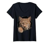 Donna Bobcat Breaking Through Torn Hole Wild Cat Graphic Maglietta con Collo a V