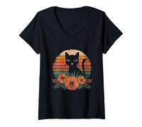 Donna Boho Cat Plants T-Shirt Donna Ragazza Uomo Fiori Maglietta con Collo a V