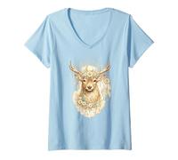 Donna Boho Celestial Deer Cervo Floreale Corona Luna Dreamcatcher Art Maglietta con Collo a V