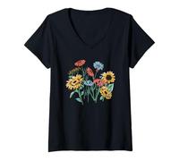 Donna Boho Cottagecore Fiori di Campo Girasoli e Fiori Maglietta con Collo a V