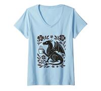 Donna Boho Drago Bere caffè Folk Art Mitico Bestia Maglietta con Collo a V