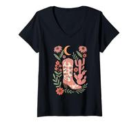 Donna Boho Fiori Cowgirl Rosa Stivali Mucca Cranio Western Country Maglietta con Collo a V
