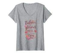 Donna Boho Floral Embrace Glorious Mess Inspirational Citazione Maglietta con Collo a V