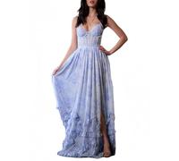 Donna Boho Floreale Chiffon Abito Lungo, Spalline Sottili Schiena Scoperta Spacco Volant A Balze Abito da Sera,A,S