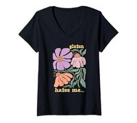 Donna Boho Intolleranza Frustrazione Divertenti Groovy Glutine Mi odia Maglietta con Collo a V
