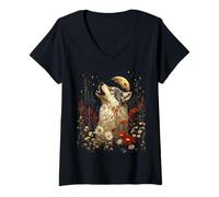 Donna Boho Lupo Ulula alla Luna Floreale Mistico Grafico Donne Maglietta con Collo a V