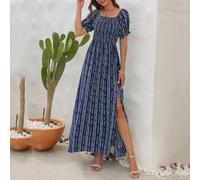 Donna Boho Stampa a Strisce Spalla Scoperta Vestito Sexy Split Lungo ad Spiaggia