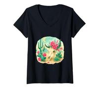 Donna Boho Western Floral Cow Skull Desert Cactus Watercolor Maglietta con Collo a V