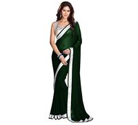 Donna Bollywood Stile Solido Pizzo Lavoro Sari con Camicetta Pezzo Festa di Nozze Casual Dance Work Wear Georgette Saree, Verde bottiglia., taglia unica