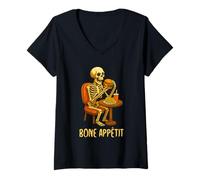Donna Bone Appétit Funny Halloween Burger Skeleton Eating Burger Maglietta con Collo a V