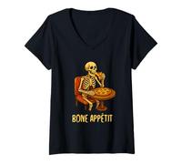 Donna Bone Appétit Funny Halloween Pizza Skeleton Eating Pizza Maglietta con Collo a V
