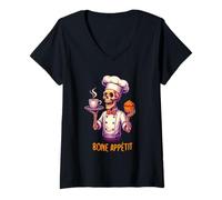 Donna Bone Appétit Funny Halloween Skeleton Chef Cooking Cook Maglietta con Collo a V