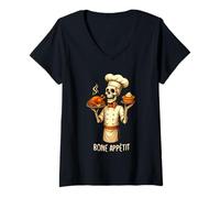 Donna Bone Appétit Funny Halloween Skeleton Chef Thanksgiving Pie Maglietta con Collo a V