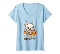 Donna Bone Appétit, Grazioso Disegno scheletrato a Forma di Zucca e caffè per Halloween Maglietta con Collo a V