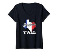 Donna Bonjour Y'All Divertente Bandiera Francese del Texas Maglietta con Collo a V
