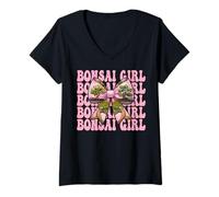 Donna Bonsai Girl Tree Giapponese Zen Rosa Coquette Bow Maglietta con Collo a V