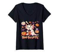 Donna Boo-Ba-Lotl Halloween Axolotl Boba Tea Zucca Strega Maglietta con Collo a V