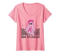 Donna Boo Cancro al Seno Fantasma Rosa Ottobre Halloween A Scacchi Maglietta con Collo a V