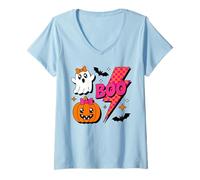 Donna Boo Ghost Pumpkin Retro Rosa Halloween Checkered Lightning Maglietta con Collo a V
