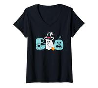 Donna Boo Spooky Halloween Fantasma Strega Maglietta con Collo a V