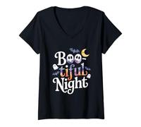 Donna Boo-Tiful Night Carino Acquerello Halloween Pun Maglietta con Collo a V