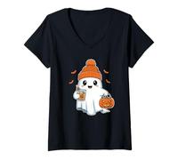 Donna Boo with Pumpkin Spice Latte Carino Halloween Ghost Beanie Hat Maglietta con Collo a V