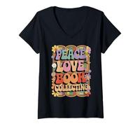 Donna Book Collector 70s Hippie Retro Peace Love Book collezionare Maglietta con Collo a V