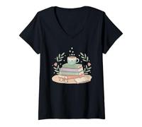 Donna Book Lover Coffee Stack Reading Bookworm Maglietta con Collo a V